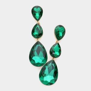 Green Dangle Crystal Earrings 2.75 Inch Triple Tear Drop Jewelry